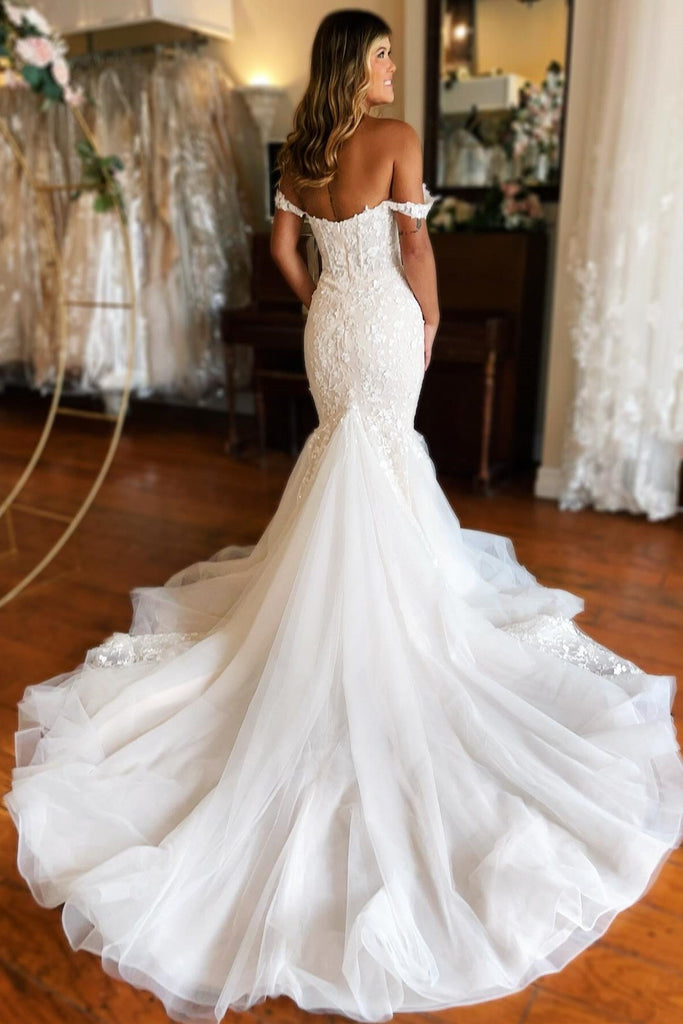 lace off the shoulder trumpet wedding dress Elegant Formal Trumpet Off The Shoulder Ivory Lace Wedding Dresses With Sleeves