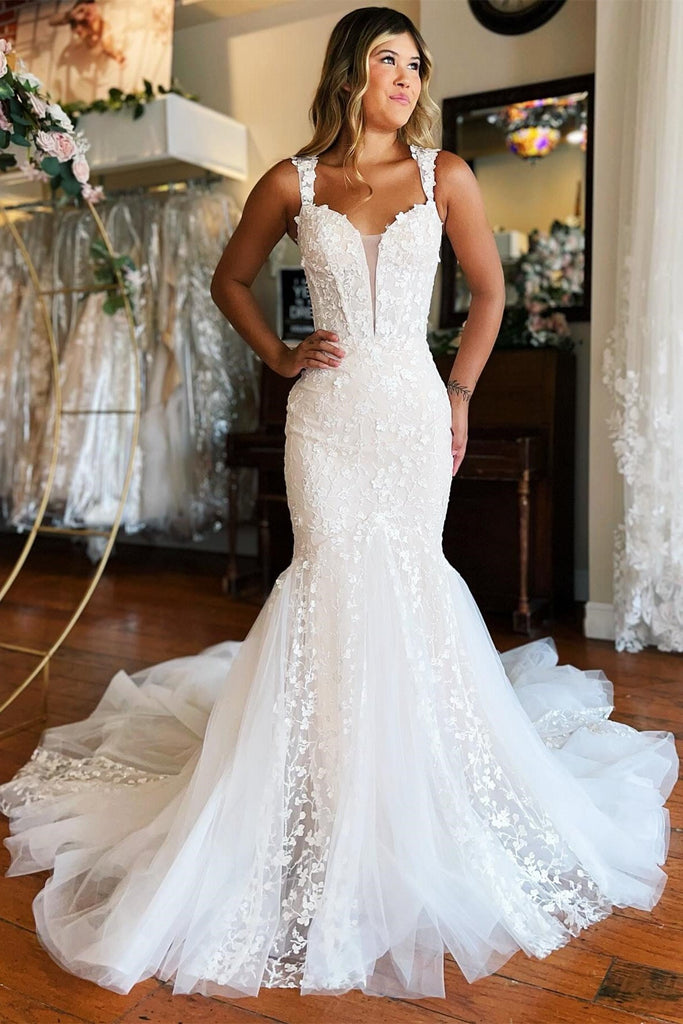 lace and tulle trumpet wedding dress Strapless Lace Trumpet Bridal Dress with Sweetheart Neck