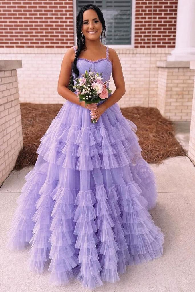 Princess Tiered Ruffle Sweetheart Beaded Strraps Long Prom Dress