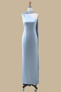 Dusty Blue Satin One-Shoulder Asymmetrical Bridesmaid Dress, Sash