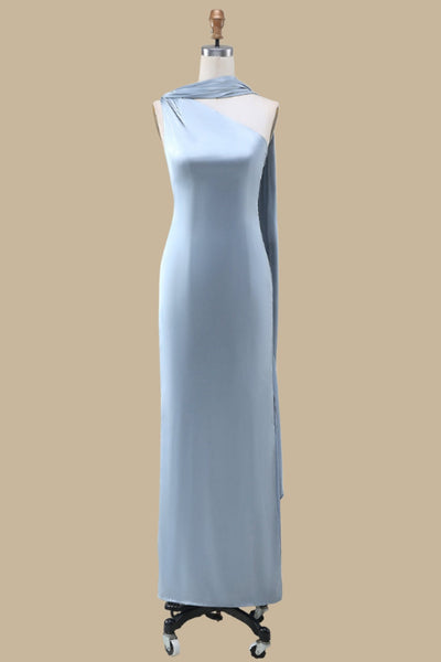 Blue One-Shoulder Maxi Dress with Sash