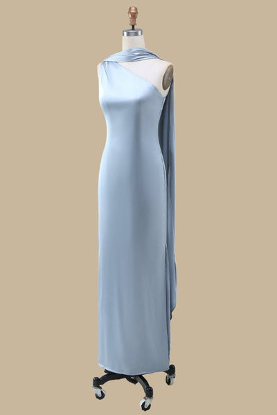 Blue One-Shoulder Maxi Dress with Sash