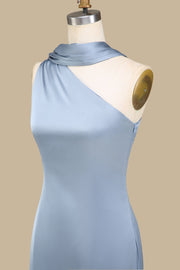 Blue One-Shoulder Maxi Dress with Sash