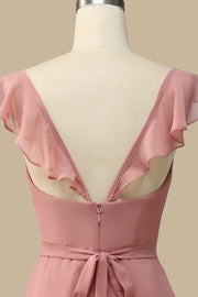 Dusty Rose Surplice Neck A-Line Chiffon Maxi Dress