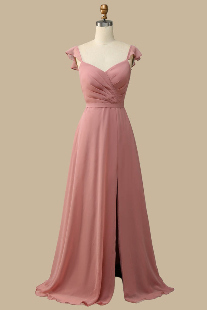 dusty pink chiffon bridesmaid dresses Wedtrend Women Dusty Rose Ruched Off the Shoulder Long Chiffon Bridesmaid Dress with Slit, Chiffon color / US10