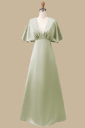 A-line Dusty Sage Plunge V Half Sleeves Empire Waist Maxi Dress