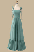 A-Line Straps Sleeveless Green Chiffon Flounce Hem Maxi Dress, Bow