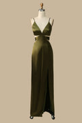 Olive Green Satin V-Neck Sleeveless Cutout Maxi Dress, Bow