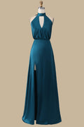 A-line Halter Blouson-Style Sleeveless Backless Formal Party Dress, Slit