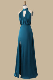 Halter Blouson-Style Maxi Dress with Slit