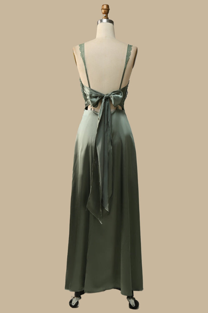 Olive Green Lace Polyester Tie-Back Sleeveless Formal Maxi Dress