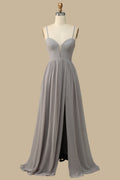A-line Gray Corset Straps Cutout Back Chiffon Formal Maxi Dress, Slit