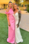 Pink Asymmetrical Off Shoulder Floor Length Maxi Dress, Slit