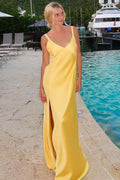 Yellow Satin V-Neck Sleeveless Tie-Back Maxi Bridesmaid Dress, Slit