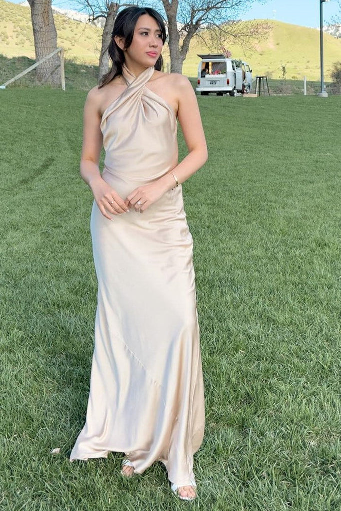 A-line Halter Sleeveless Backless Long Bridesmaid Evening Dress