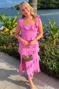 Fuchsia Satin Square Neck Sleeveless Ruffle Midi Party Dress, Slit