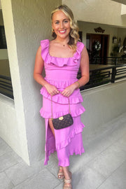 Square Neck Ruffle Midi Dress with Slit
