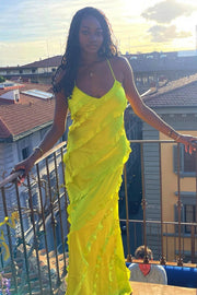 V-Neck Spaghetti Strap Ruffle Maxi Dress