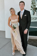 A-Line Square Neck Champagne Sleeveless Lace-Up Prom Dress, Slit