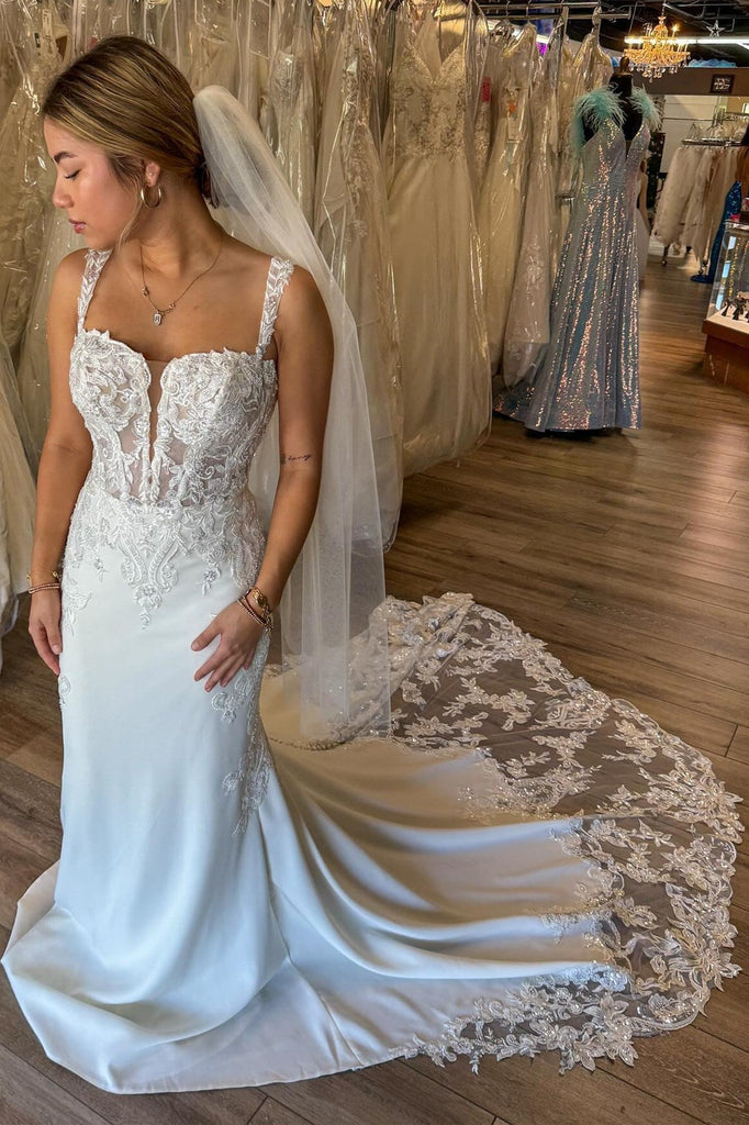 White Straps Corset Lace Satin Mermaid Long Court Wedding Dress