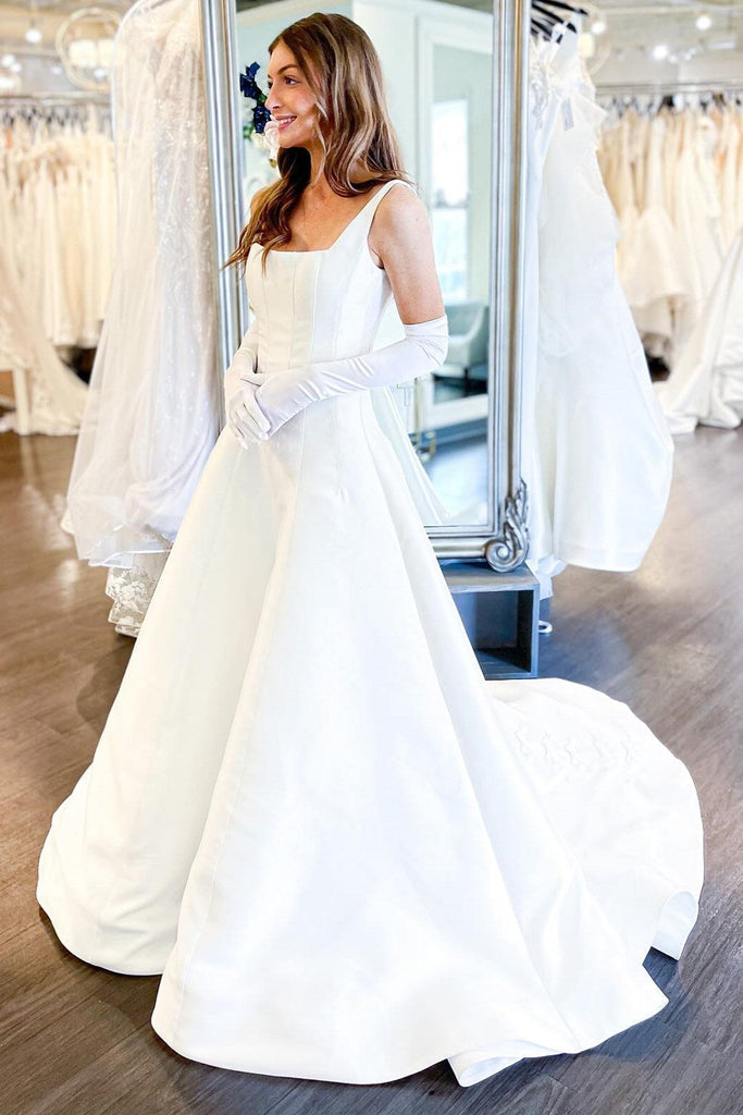 White Square Neck A-Line Satin Long Sweep Wedding Dress, Bows