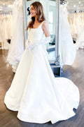 White Square Neck A-Line Satin Long Sweep Wedding Dress, Bows