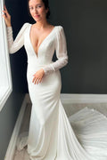 White Plunge Long Sleeves V Backless Mermaid Wedding Dress