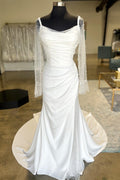 White Satin Backless Ruched Wedding Dress with Detachable Sleeves