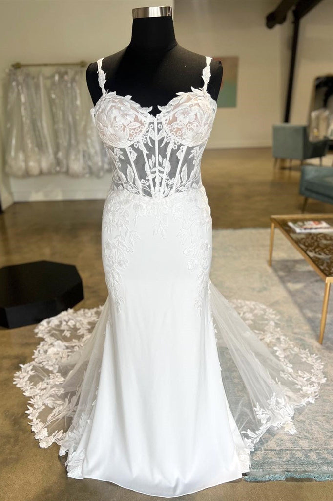 White Lace Satin Sheer Corset Mermaid Wedding Dress with Mesh Train
