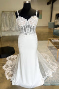 White Lace Satin Sheer Corset Mermaid Wedding Dress with Mesh Train