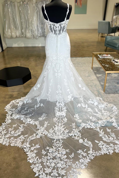 White Sheer Corset Mermaid Wedding Dress with Mesh Train