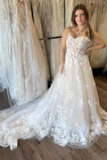 Strapless A-Line Floral Lace Chapel Train Bridal Wedding Dress