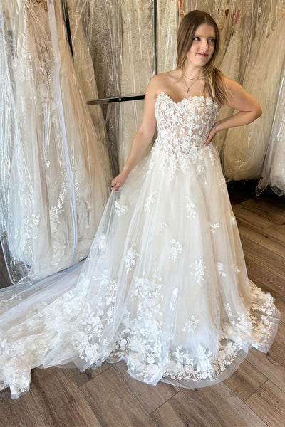 Strapless A-Line Wedding Dress with Floral Appliques