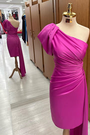 One-Shoulder Ruched Midi Dress with Attached Train