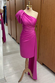 One-Shoulder Ruched Midi Dress with Attached Train