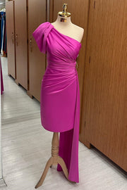 One-Shoulder Ruched Midi Dress with Attached Train
