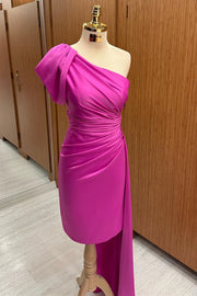 One-Shoulder Ruched Midi Dress with Attached Train
