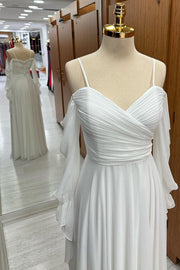 White Cold-Shoulder Chiffon Dress