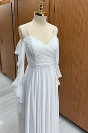 White Cold-Shoulder Chiffon Dress