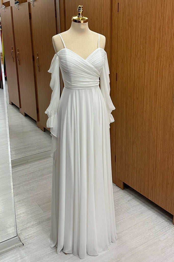 White Cold-Shoulder Chiffon Pleated Long Bridesmaid Dress