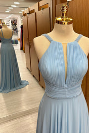 Light Blue Plunging V Beaded Chiffon Dress