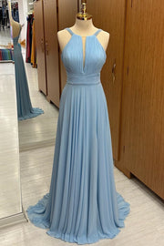 Light Blue Plunging V Beaded Chiffon Dress