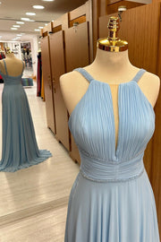 Light Blue Plunging V Beaded Chiffon Dress