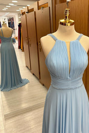 Light Blue Plunging V Beaded Chiffon Dress