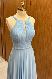 Light Blue Plunging V Beaded Chiffon Dress