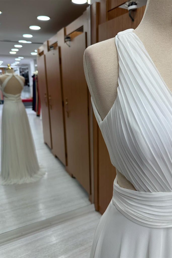 cut out wedding guest dress A-line Sleeveless White Halter Cutout Chiffon Wedding Guest Dress