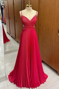 A-line Red Chiffon Surplice Neck Straps Pleated Maxi Dress