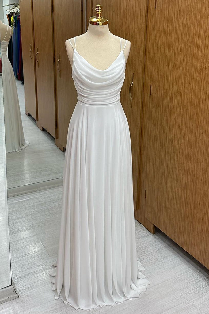 A-line Spaghetti Straps White Cowl Neck Chiffon Bridesmaids Dress