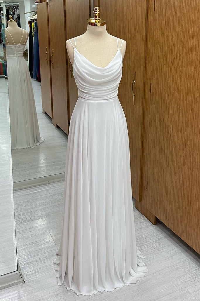A-line Spaghetti Straps White Cowl Neck Chiffon Bridesmaids Dress