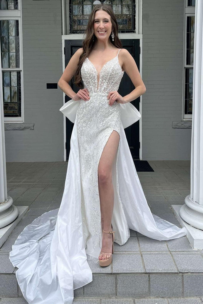 White Glitter Lace Plunging Satin Train Mermaid Wedding Dress, Slit